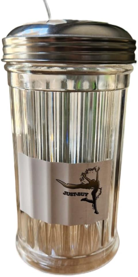 Glass Sugar Pourer Dispenser Shaker Stainless Steel Lid Side Flap Top 12 Oz.