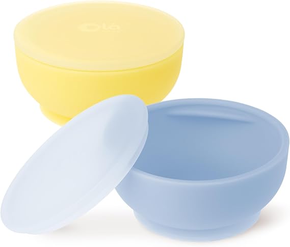 Olababy 100% Silicone Suction Bowl with Lid Bundle for Independent Feeding Baby and Toddler (Lemon + Blueberry)