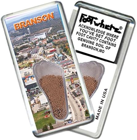Branson FootWhere Fridge Magnet (BS202 - Aerial View). Authentic destination souvenir acknowledging where you've set foot. Genuine soil of featured location encased inside foot cavity. Made in USA