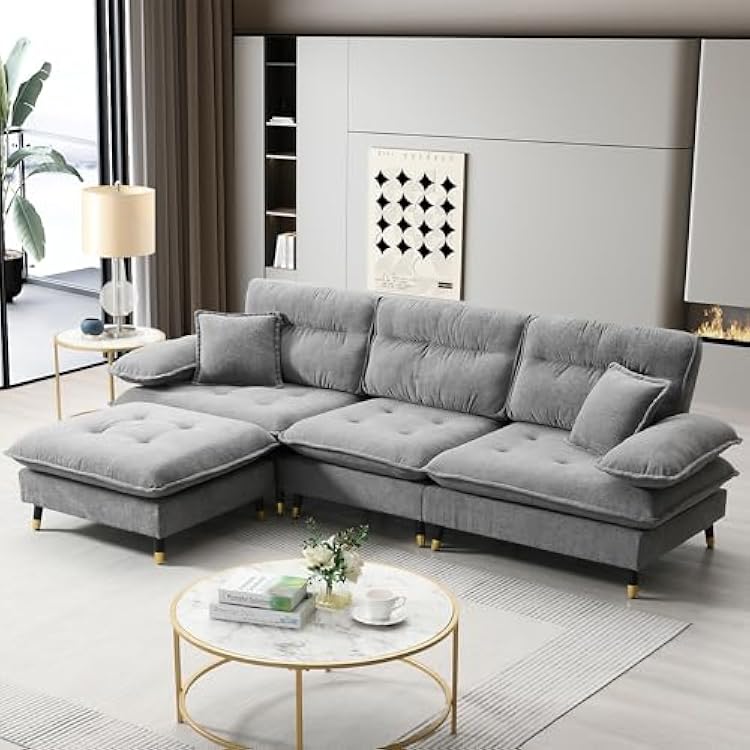10666.5 L shaped Convertible Sectional Sofa,4 Seat Tufted Couch Set with Two-tone Adjust Legs,Cloud Chenille Fabric,Movable Ottoman for Living Room, Apartment,Office,3 Colors