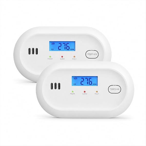 Carbon Monoxide Alarm with Digital Display, Battery Powered CO Detector with Replaceable AA Batteries, 10-Year Sensor Life, 85 dB Alert, EN 50291, for Home & Travel, 2 Pack