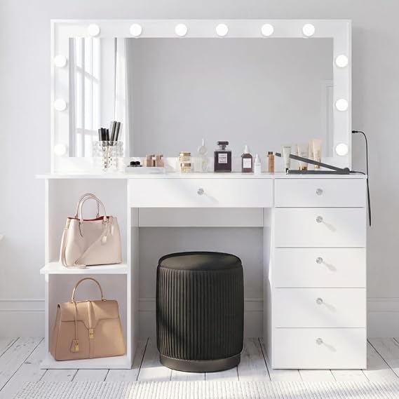 Boahaus Makeup Vanity with Black Stool Aine Pro Vanity Desk with Built-in Lights & Mirror, 6 Drawers, 2 Shelves, Glam Glass Top & USB-C/USB Outlet (61 H 56.3 W 20.07 D)