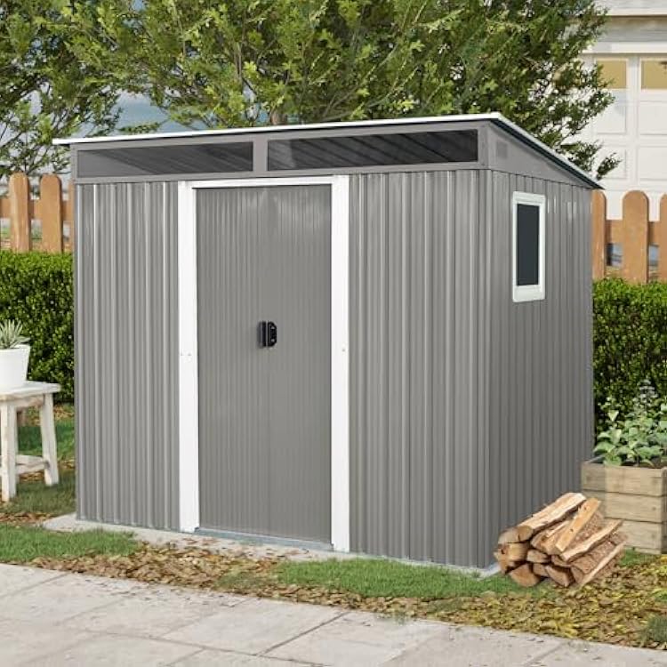 6x8 FT Outdoor Storage Shed, Metal Garden Shed with Frame Floor, Outside Tool Shed with Window, Waterproof Storage Building with Lockable Doors & Sloped Roof for Backyard, Patio, Lawn, Gray
