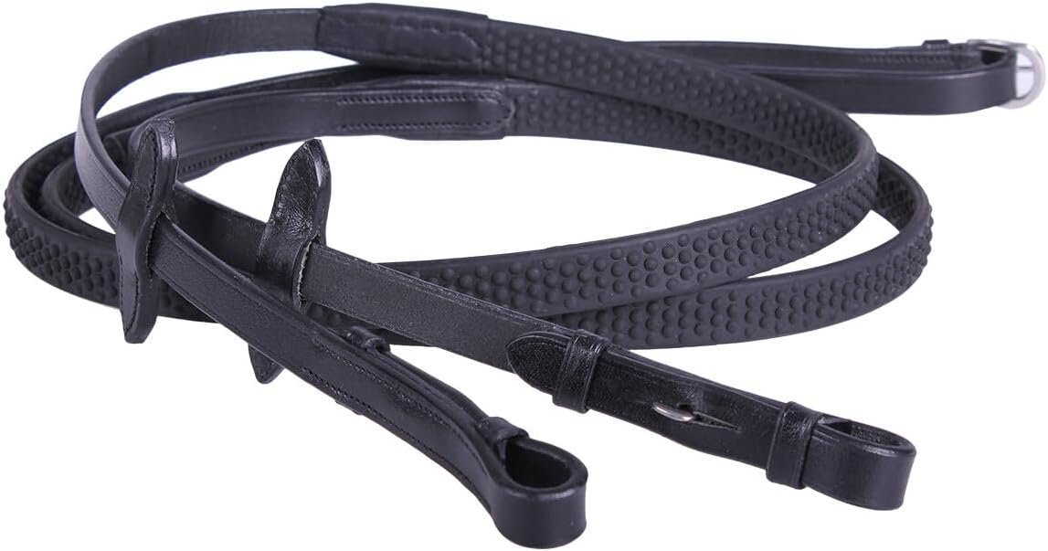 LEATHER REINS WITH SUPER GRIP ANTI-SLIP FOR BRIDLE SUPER FLEXIBLE RUBBER GRIP (Black, Full)