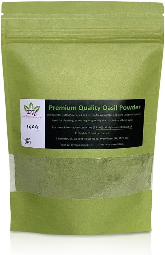 Priddyfair Nutrition Qasil Powder Somalia Face Masks, for Skincare, Body, Hair Scalp & Face Acne Clay Mask Treatment made from Natural Organic Gob Tree Green Leaf (Ziziphus Jujube) 100g