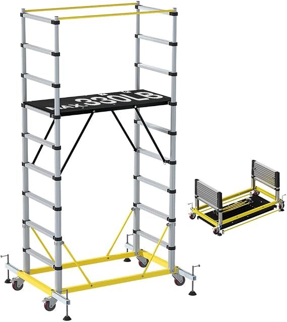 APARECIUM 10' Aluminum Scaffold Tower, Multipurpose Rolling Scaffolding Work Platform, Utility Scaffolding Tower, Adjustable Work Platform with Hatch Deck and Guard Rail, 500 Lbs Duty Rate
