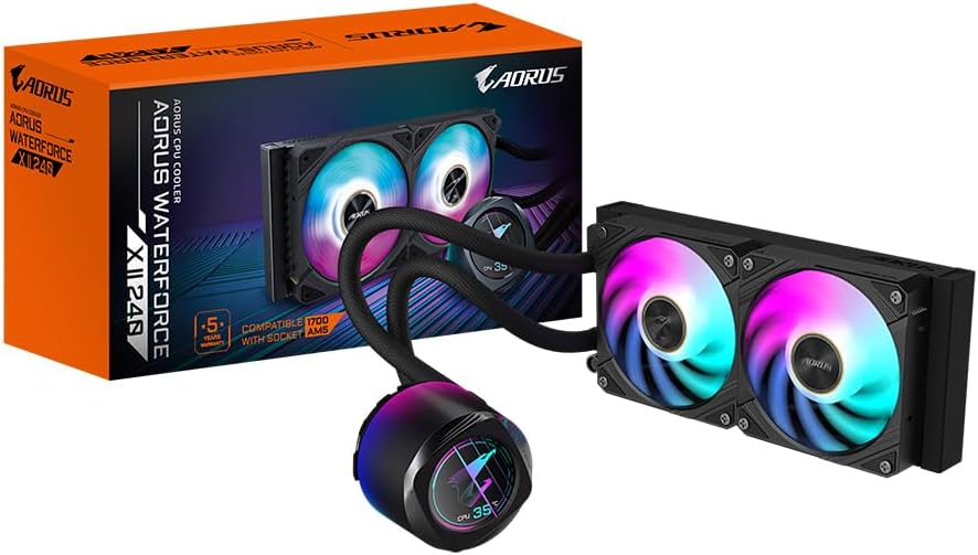 GIGABYTE AORUS WATERFORCE X II 240 Magnetic Locking Mechanism Fan, 60 x 60mm Full Color LCD Screen, Professional Gaming Liquid CPU Cooler