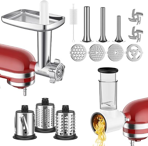 Meat Grinder & Slicer Shredder Attachments for KitchenAid Stand Mixer, Metal Meat Grinder with Sausage Stuffer Tubes, Cheese Grater, 2 Pcs Attachment Set for KitchenAid Mixers