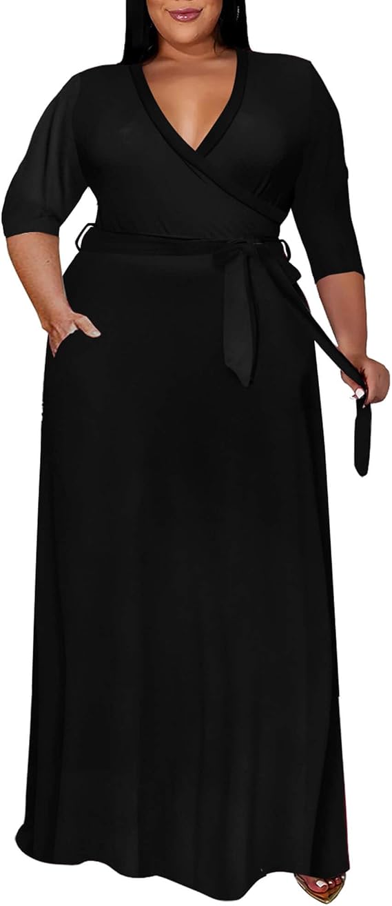 Runwind Plus Size Maxi Dress for Women 3/4 Sleeve Wrap Desses with Belt | Flattering Long dress with pockets, flowy A-line skims hipss, soft stretch fabric for wedding guest holiday cockatil, 1X-6X