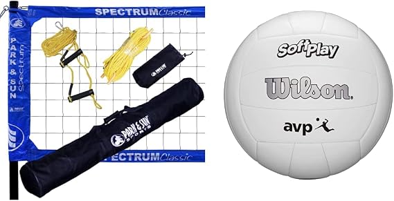 Park & Sun Spectrum Classic Volleyball Set w/Denim Blue Net (TS-CL-DEN) & Wilson AVP Soft Play Volleyball - Official Size, White