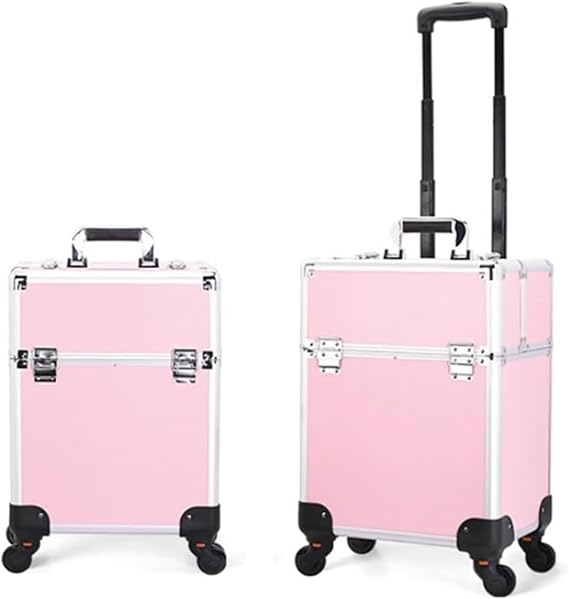 Makeup Train Case, Travel Make Troly, Makeup Storage Box, Beauty Suitcase, Rolling Cosmetic Case, Pink, 34X24X52cm