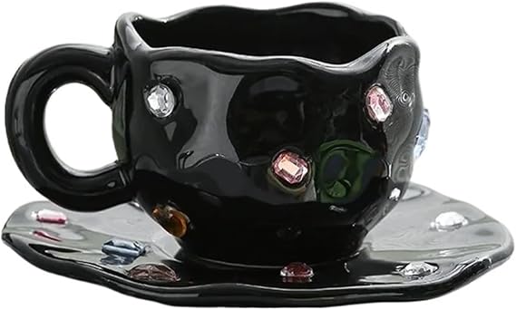 Gem Ceramic Coffee Cup And Dish Set, Party Niche, Hand-painted, Handcrafted, Water Cups(Black)