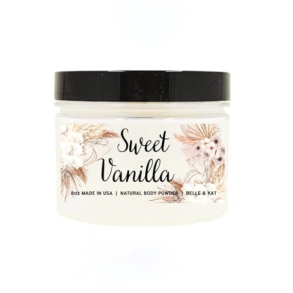 Sweet Vanilla Scented Body Powder for Men & Women, Bath Perfume Dusting Powder with Fragrance & Essential Oils, Talc Free 8oz Container, Made in USA