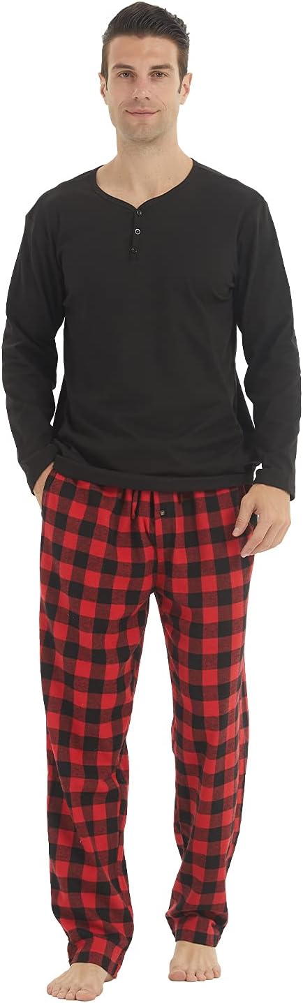 LANBAOSI Pajamas for Men Set Long Sleeve Comfy Henley Flannel Pjs