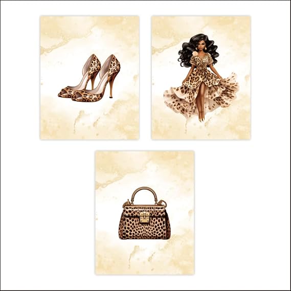 heshengzaixian Modern African American Woman Wall Art, Black Woman Fashion Canvas Prints | Leopard Perfume Painting Picture Artwork | Makeup Room Home Decor Poster 8x10 Unframed Set of 3