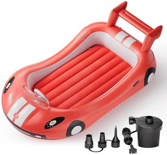 QPAU Inflatable Toddler Travel Bed with Electric Pump, Racing Car Kids Air Mattress with Sides, Portable Blow Up Bed for Camping, Travel, Hotel & Home