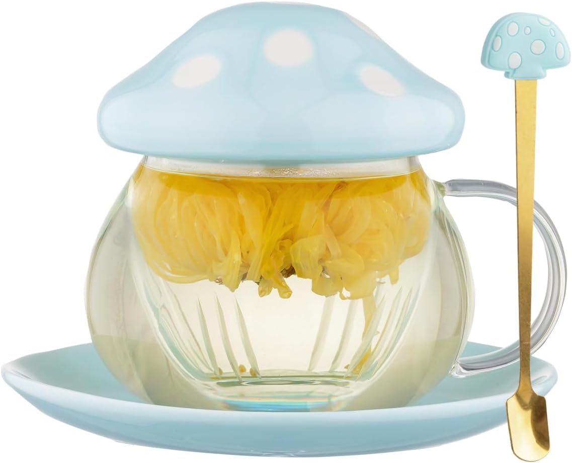 Cute Cups Mushroom Tea Cup with Tea Infuser and Spoon, Kawaii Mushroom Mugs, Glass Teacups with Ceramic Lid and Coaster, Perfect for Girls Women for Home and Office Use 290ML9.6oz Blue