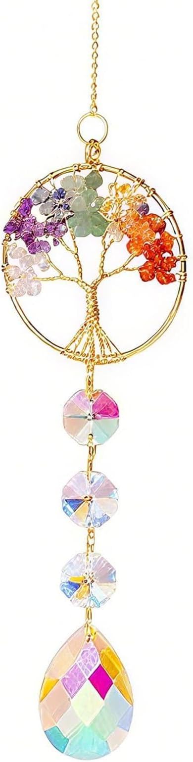 Chakra Crystal Tree of Life Sun Catcher Hanging Ornament, 7 Chakra Natural Gemstone Rainbow Suncatcher for Window Wall Garden, Handmade Spiritual Home Décor Gift for Women Men