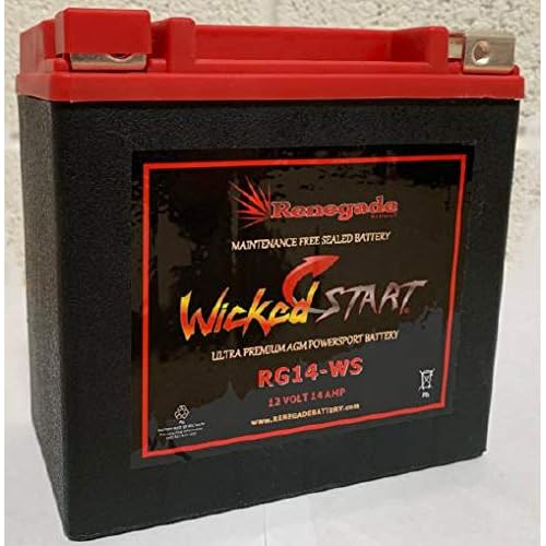 ATV Battery; RG14-WS; 300 CCAs; Fits Suzuki 2007-2010 LT-A450X KingQuad AXi 4x4  2002-2007 LT-A400 Eiger  2008-2022 LT-A400F King Quad; Part# ES14BS, BTX14-BS, UT14-BS, TYX14-BS