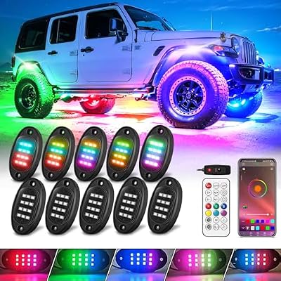 10 Pods RGBIC LED Rock Lights for Truck Golf Cart SUV ATV UTV RZR, Smart Multi Color Chasing Rock Light with APPRF Control Sync Music, 12V Waterproof Neon Underglow Kit Vehicle Underbody Light