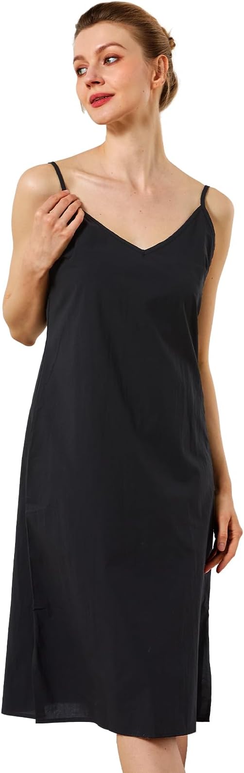 Women Dress Slips for Under Dresses 100% Cotton Full Slip with Adjustable Spaghetti Strap V Neck