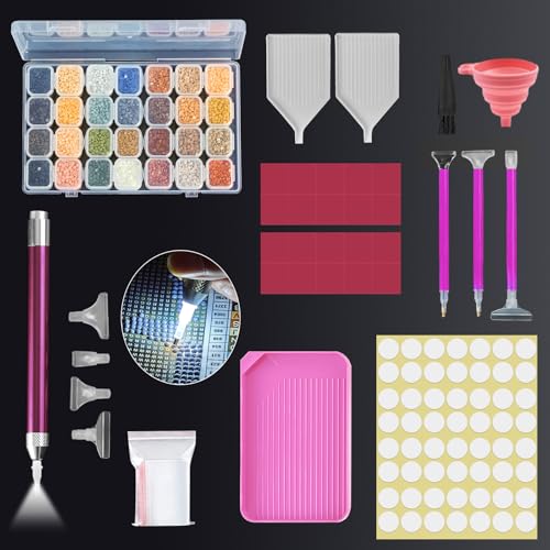 Diamond Paintings Accessories,5D DIY Diamond Art Accessories And Tools with Diamond Paintings Pen with Light,Compartment Box,20 Pieces Wax,Trays, Diamond Paintings Kits for Adult BeginnerRose Red