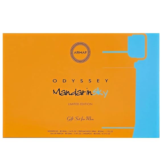 Armaf Odyssey Mandarin Sky Citrus, Amber, Vanilla 4-Piece Gift Set for Men (3.4 oz Eau de Parfum + 3.4 oz Shower Gel + 1.7 oz Body Spray + 8.4 oz Shampoo)