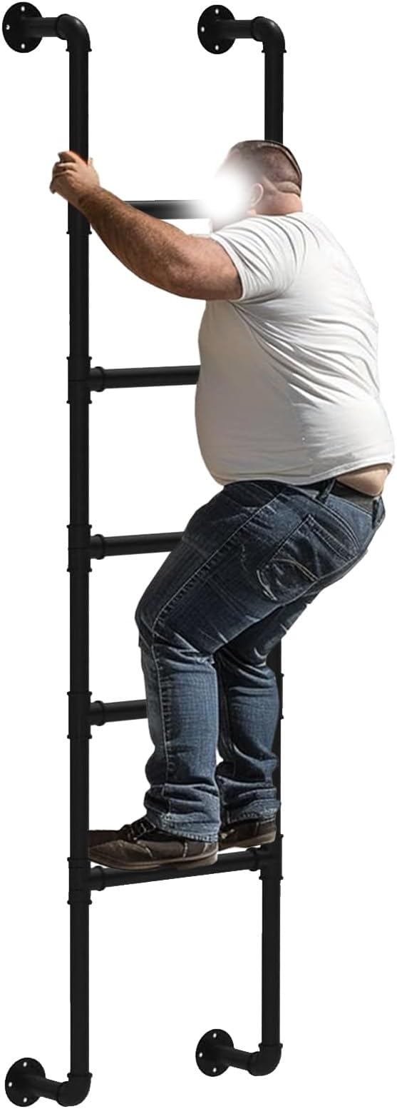 Wall Mounted Ladder4ft 5ft 6ft 7ft 8ft 9ft Black Wrought Iron Loft Bed Ladders Window Well Egress Ladder Emergency Fire Climbing Ladder for Attic,Library,Bunk Bed,Garage, L