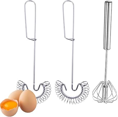 3 Pack Stainless Steel Egg Whisk Versatile Easy Whisk Hand Push Rotary Milk Frother Cooking Beater Manual Mixer for Beating Eggs Mixing Whipping Smoothies Shakes 2 Styles
