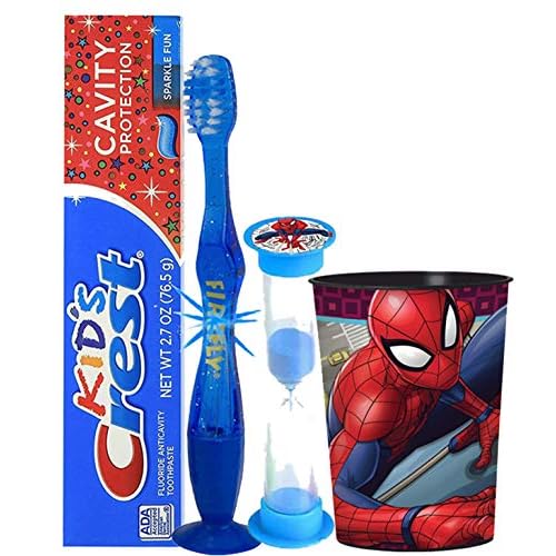 UPD 4pc Oral Care Bundle with Flashing Lights Toothbrush, Kids Crest Toothpaste, 2-Minute Timer and Spiderman 16oz Cup and Remember to Brush Visual Aid