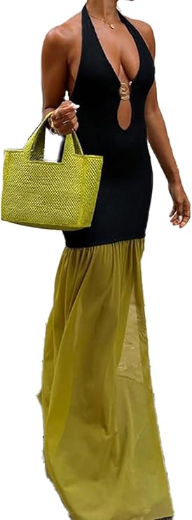 Molisry Women's Patchwork Halter Dress Sexy Hollowed Maxi Sun Dress