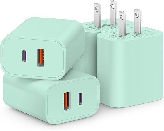 [4 Pack] USB C Charger Block Fast Charging Multiport Adpater [PD 20W USB-C & QC 3.0 USB Port] for IP 16/15/14/13/12/11/X/8, i Pad, Sam Sung, Google, Galaxy & More [Green]