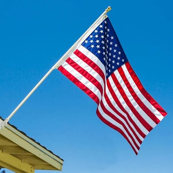 Grace Alley Flag Pole Kit 6 Ft Flagpole with Embroidered American Flag - Embroidered Stars & Stitched Stripes, White Aluminum Rust Free & Tangle Free Wind Resistant Pole and Sturdy White Bracket