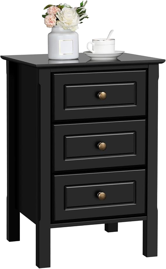 Yaheetech Bedside Table with 3 Drawers, Black
