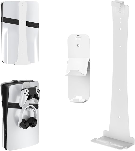 EJGAME Steel Wall Mount Bracket Compatible with PS5 Pro/Slim/PS5, Stable Metal Wall Hanging Stand for PS5 with Controller Holder & Headphone Hanger,White