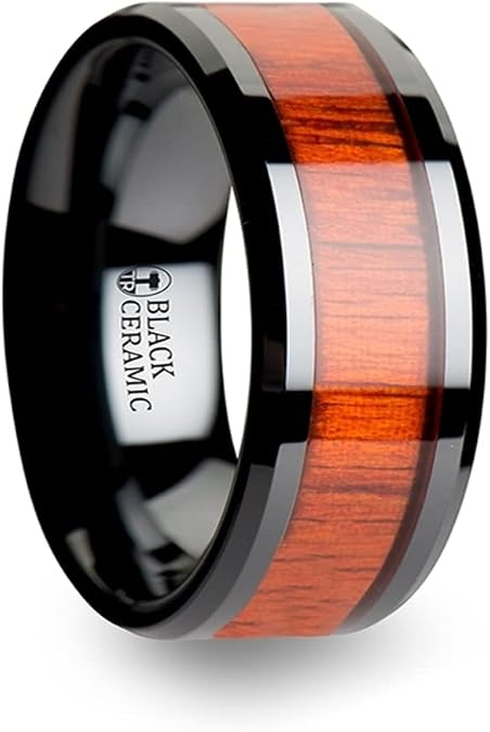 Roy Rose Jewelry Mens Black Ceramic Padauk Real Wood Inlay Wedding Ring - Polished Beveled Comfort Fit - 6mm 8mm 10mm Wide - Style Name: BOSULU