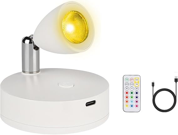 Wireless Led Spotlight Indoor - Infrared Remote Control Dimming and Color Cupboard Lights, Flicker Free and Eye Friendly Wireless Light, 360° Rotation and 90° Elevation Spotlight Lamp [Energy Class A]