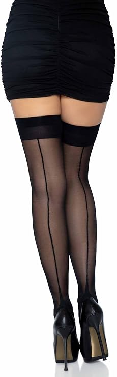 Leg Avenue Womens Contrast Top Cuban Heel Backseam Sheer Stockings