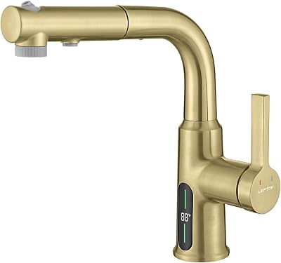 Lefton Single Hole Liftable Bathroom Faucet with Temperature Display in Fahrenheit, Pull-Out Vanity Sink Faucet with 3 Water Modes for Bathroom and Laundry Room, BF2501 Contemporary, Brushed Gold