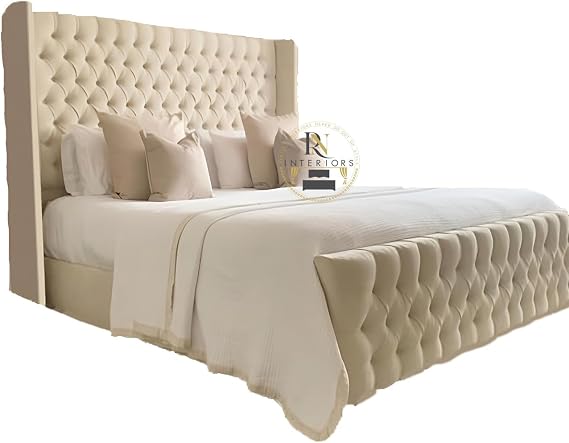Sleigh Bed Frame Upholstered Bed Frame With 125cm High Floor Standing Headboard Bed Frame Without Storage (Cream, 4FT6 Double)
