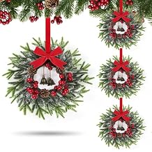 4 PCS Mini Christmas Cabinets Wreaths for Kitchen Small Christmas Wreaths Artificial Norfolk Cedar Wreath with Red Velvet Ribbon Bows Bell Berry Hanging Garland for Door Wall Window Chair Porch Decor