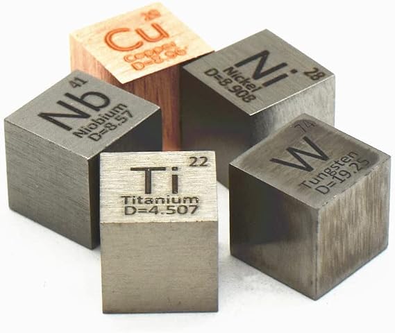 5 Solid Element Cubes Metal Samples for Periodic Table Collections 10mm Wolfram Tungsten W Niobium Nb Nickel Ni Titanium Ti and Copper Cu 0.39" Density Cube