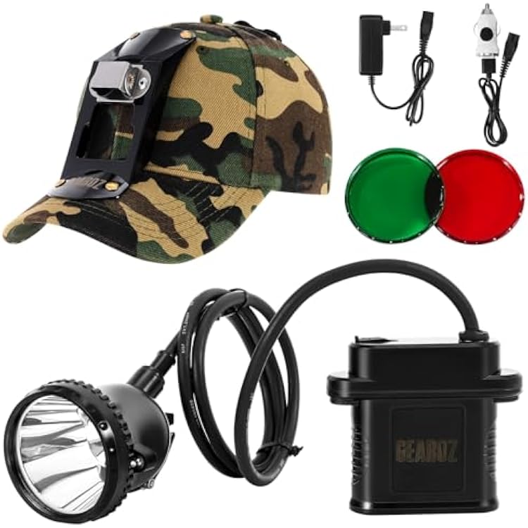 GearOZ 10W LED Coon Hunting Lights for Predator Coyote Hog, 55000 LUX Super Bright Hunting Headlamp Rechargeable, IPX5 Waterproof White Light & RedGreen Optical Filters, 5 Position Switch Soft Cap