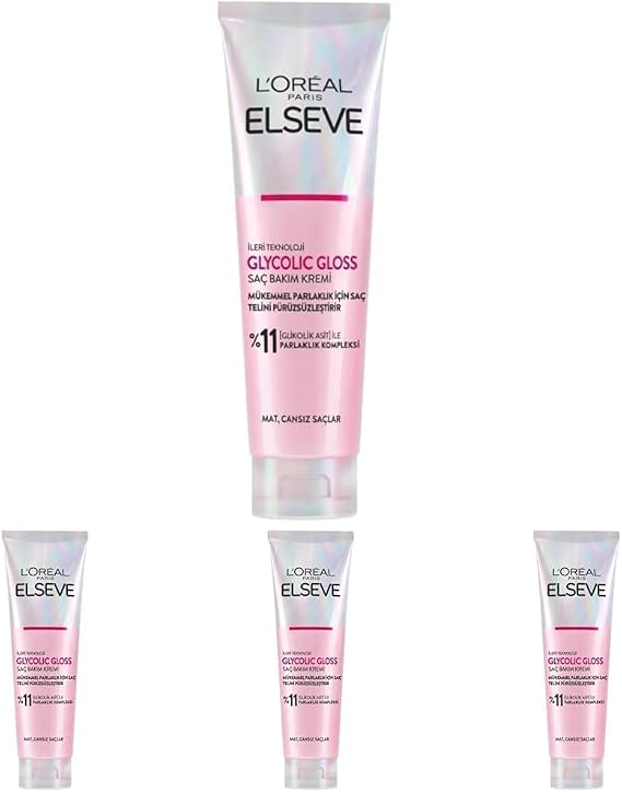L'Oreal Paris Elseve Glycolic Gloss Mükemmel Parlaklık için Pürüzsüzleştirici Saç Kremi 150 ml (4 paketi)