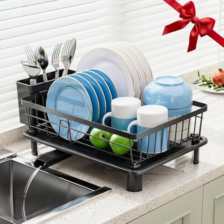 Dish Drying Rack, Stainless Steel-Dish Rack, Dish Racks for Kitchen Counter, Kitchen Dish Drainers with Removable Utensil Holder,New drain outlet,Plate Rack and Drainboard,Black-11 W x 15 L