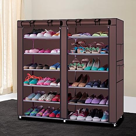 6 Tier Double Row Free Standing Shoe Organizer Rack with Fabric Cover and Side Pocket,Dustproof,Holds 36 Pairs,Easy Assembly,for Sneakers, Flats, Heels (Coffee)