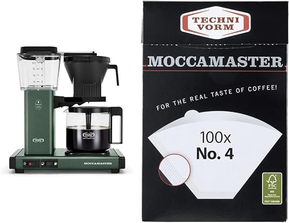 Technivorm Moccamaster 53923 KBGV Select 10-Cup Coffee Maker Juniper, 40 Ounce, 1.25l & #4 White Paper Filters, 100-count per box