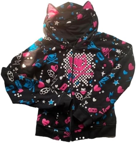 Womens Y2k Skulls Pattern Hoodies Kawaii Zip Up Clothes Punk Hip Hop Cat Ears Sweatshirts Cute Hoodie