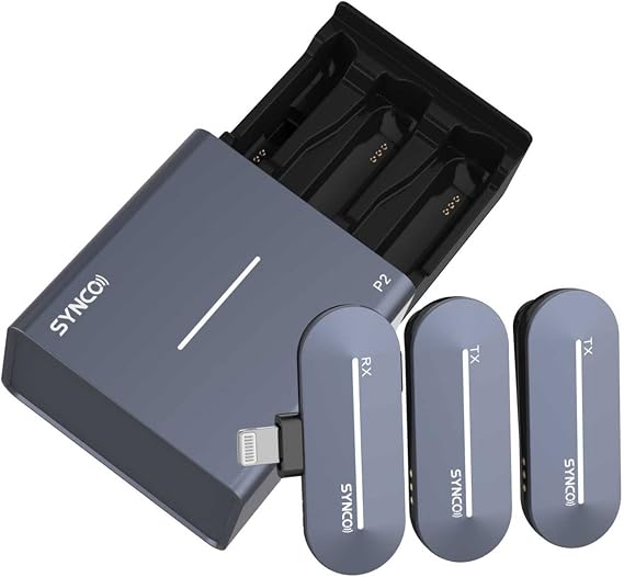SYNCO P2L Lavalier Mikrofon 2,4 G Kablosuz Mikrofon Sistemi 2 * Vericili + 1 * Mini Aydınlatma Alıcısı + 1 * Kablosuz Şarj Kutusu 150 m Menzilli Dahili Batarya iPhone iPad için (Taş Mavisi)