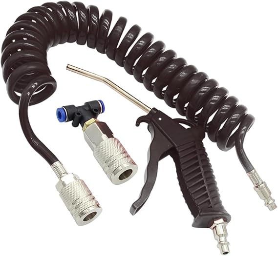 Air Blow Gun kit with 8mm OD 16ft Long PU Coil Air Hose Air Duster Blow Gun Kit (Black)